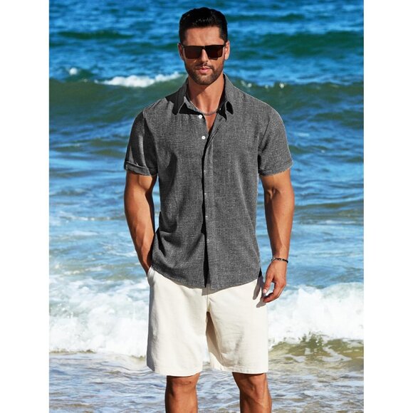 Men's A-dark Grey Linen Short Sleeve Button Down Casual Shirt Business Dress - Picture 3 of 6